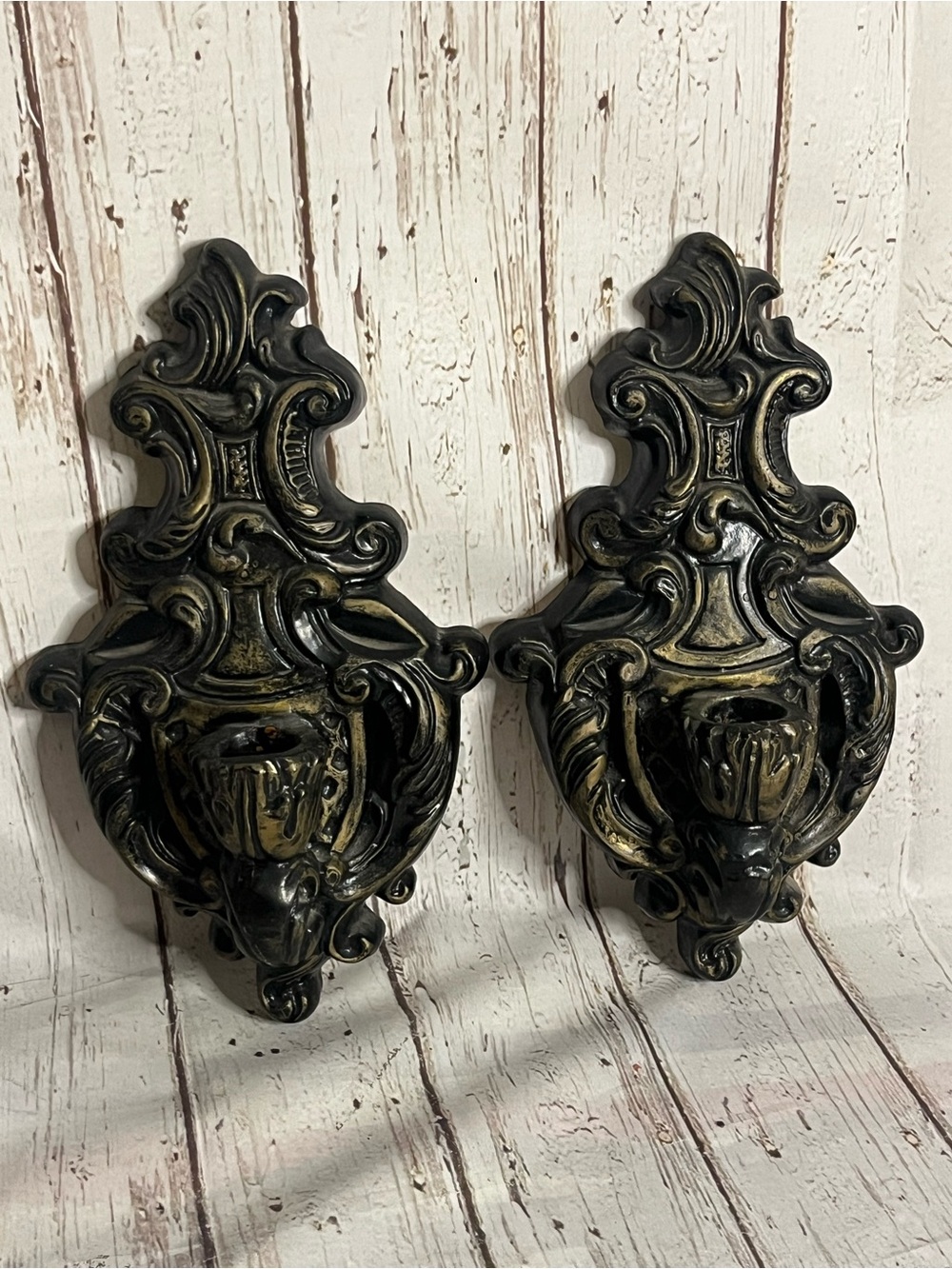 Vintage Ornate Plaster Black Golden Wall Candle Sconces Wall Pocket